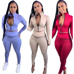 Womens Solid Colour Tracksuits Fashion Trend Elasticity Cardigan Zipper Tops Trousers Suits Spring Female Fitness Exercise Casual Sports Sets