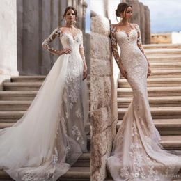 Champagne Sheer Neck Long Sleeves Lace Mermaid Wedding Dresses With Detachable Skirt Tulle Applique Sweep Train Bridal Gowns robes de mariée