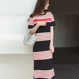 Summer Side Split Fork Contrast Color Straight Dress Knitted Short Sleeve O-Neck T Shirt Korean Style Women's Clothes 210522