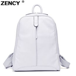 ZENCY Women 100% Full Top Genuine Real Cow Leather Cowhide White Grey Beige Pink Yellow Backpacks Ladies Schoolbag Teenagers Bag