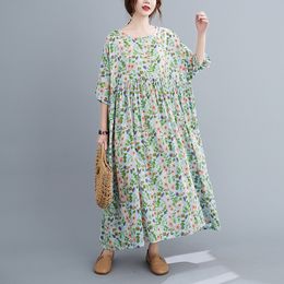 Johnature Women Autumn Korean Style Dress High Waist Robes O-Neck Half Sleeve Print Floral Female Clothes Casual Dress 210521