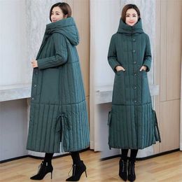 Oversize Long Winter Coat Women Hooded Fashion Parkas Thick Warm Padded Clothing Female Sing Breasted Loose Jackets Plus 3XL 211018