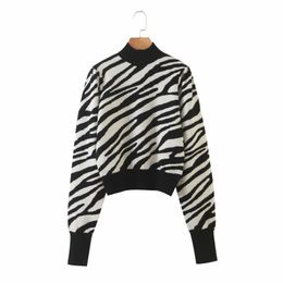 Vintage Woman Zebra Stripes Turtleneck Sweaters Autumn Winter Fashion Laides Puff Sleeve Knitwear Female Casual Soft Tops 210515