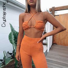 Cryptographic Halter Cut Out Sexy Knit Top and Flare Pant Set Elegant Club 2021 Summer Fashion Outfits Two Piece Matching Sets Y0625