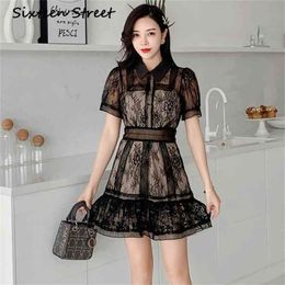 Summer Black Lace Dress Woman Short Sleeve Turn-down Collar Patchwork Mini Female Runway Design Perspective 210603