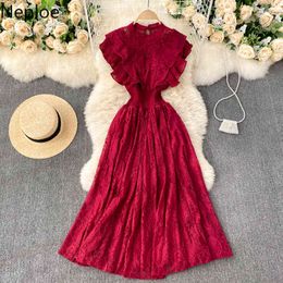 Neploe Elegant Maxi Dress Sleeveless O-neck Vestidos Summer Women Clothing Crochet Floral Ruffles Dresses Temperament Lace Robe 210422
