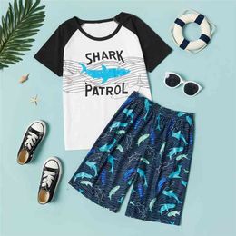 Trendy Kid Boy 2-piece Short-sleeve Shark Letter Print Shorts Suits 210528