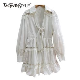 White Patchwork Lace Dress For Women V Neck Lantern Long Sleeve Up Mini Dresses Female Spring Fashion 210520