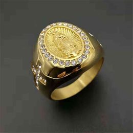 Religious Gold Colour Virgin Mary Rings for Women Men Stainless Steel Iced Out CZ Ring Hip Hop Christian Jewellery Drop