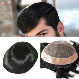 1B Straight Natural Indian Remy Human Hair Toupee for Men Mono with PU Perimeter and Folded Lace Front Hair System Replacement