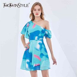 Hit Colour Mini Dress For Women Asymmetrical Collar Short Sleeve High Waist Sexy Dresses Female Fashion Clothes 210520