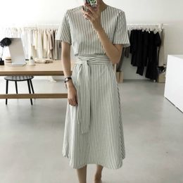 Women Summer Long Striped Bandage Dress Ladies Vestidos With Belt Casual Bodycon Green Robe Femme Sukienki Vestiti Donna 210319