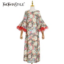 Patchwork Feather Printed Women Dress O Neck Flare Sleeve Hit Colour Casual Midi Dresses Female Fall Fashion 210520