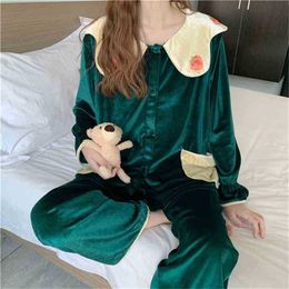 Chic Velvet Cute Girls Warm Strawberries Homewear Nightwear Suits Oversize Loose Sweet Casual Pajamas Sets 210525