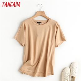 Tangada women khaki basic cotton T shirt short sleeve O neck tees ladies casual tee street wear top 6D5 210623