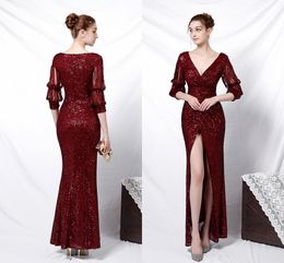 Luxury Bling Burgundy Prom Formal Dress Tassel Long Sleeve V-neck robe de soirée femme Mermaid Full length Evening Gown