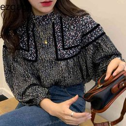 Ezgaga Vintage Shirts Women Floral Printed Stand Collar Patchwork Long Lantern Sleeve Loose Korean Tops Fashion Loose Casual 210430