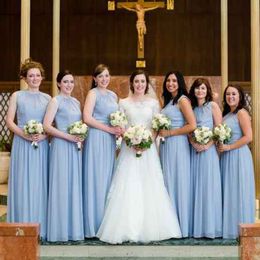 Light Sky Blue Colour Bridesmaid Dresses A Line Jewel Neck Chiffon Long Floor Length Spring Summer Maid of Honour Gowns Wedding Guest Custom Made Plus Size Available