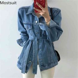 Spring Korean Casual Blue Denim Coats Jackets Women Long Sleeve Turn-down Collar Sashes Loose Fashion Solid Tops Outwear 210513