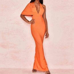 CIEMIILI Draped Backless Women Side Split Evening Party Dress Sexy V-neck Orange Black Long BandageDresses 210323