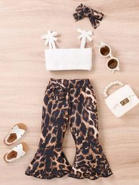 Baby Bow Shoulder Cami Top & Leopard Flare Leg Pants With Headband SHE
