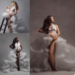 Seksi Halter Annelik Elbiseler 2021 Pregant Kadınlar Abiye giyim Artı Boyutu Katmanlı Fırfır Photoshot Elbise Vestido De Novia