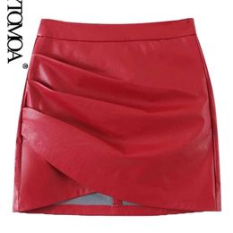 KPYTOMOA Women Chic Fashion Faux Leather Pleated Asymmetrical Mini Skirt Vintage High Waist Back Zipper Female Skirts Mujer 220224