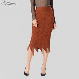Free Chic Brown Skirt Plaid Braided Design Celebrity Party Club Bandage Knee Length 210525