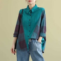Spring Autumn Arts Style Women Long Sleeve Loose Casual Shirts Cotton Linen Patchwork Plaid Blouses Plus Size M474 210512