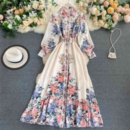 Fitaylor Autumn Floral Print Dresses Women Turn Down Collar with Belt Single Breasted High Waist A Line Slim Dress 210729