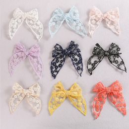 5inch Embroidery Hair Bow Headband Baby Girls Lace Bow Hair Clips Newborn Curled Edge Bow Nylon Headbands Hairpins