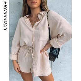 BOOFEENAA Two Piece Outfits for Women Matching Sets Cosy Loungewear Spring 2021 Shirts Blouse and Shorts 2 Piece Set C92-CF36 X0428