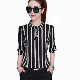 Spring Design Tops Fashion Women Long Sleeve Casual Blouses Shirts Black Striped Stand Elegant Office Lady Chiffon Blouse DF1502 210609