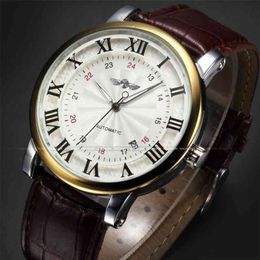 Rome Number Fashion Men WINNER Top Brand Gold Sport Wristwatches Self wind Automatic Mechanical Calendar Leather Watch Clock 210329