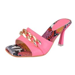 Slippers Summer Elegant Women Fashion Metal Chain Decoration High Heels Mules Slides Pumps Square Toe Ladies Shoes 2021
