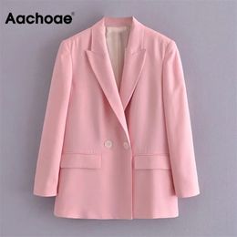 Aachoae Double Breasted Pink Blazer Women Office Long Sleeve Elegant Coat With Pockets Ladies Notched Collar Jackets Blazers 211006