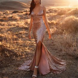 Sexy Rose Gold Plus Size Simple Mermaid Prom Dresses Spaghetti Straps V Neck High Side Split Sweep Train Formal Evening Party Gowns Special Occasion Dress