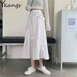 Vintage Bow Black White Long Pleated Skirt Women Solid Colour High Waist Umbrella A-Line Skirts Summer For Student Mujer Faldas 210619