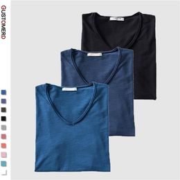 GustOmerD 3PCS 100% Cotton Soild T Shirt Men Casual V-Neck Short Sleeve Mens T-Shirts Soft Feel High Quality Male Tops Tees 210706