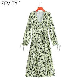Zevity Women Elegant Cross V Neck Floral Print Kimono Midi Dress Female Long Sleeve Casual Slim Chic Party Vestido DS4687 210603