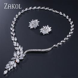 Earrings & Necklace ZAKOL Wedding Jewellery Set Bridal Pendant Flower Stud Earring Crystal Choker Statement Bridesmaid Sets Christma FSSP003