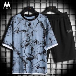 High Street Mens Summer Suit 2021 New Fashion Tie Dye O-Neck Short Sleeve + Printed Shorts Hip Hop Set Casual Tracksuit Men X0610