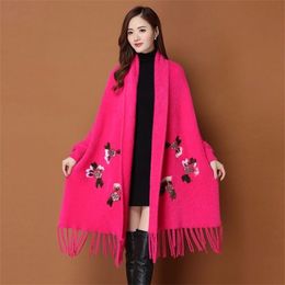 Imitation Mink Velvet With Sleeves Shawl Embroidery Double-sided Scarf Women Solid Colour Long-sleeved Cloak Warm Plus Size Coat 210427