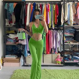 Summer Y2K Streetwear Sexy Bandage Blue Co-ord Suits 2000s Fashion Drawstring Halter Top and High Waist Flare Pants 2 Piece Set Y0625