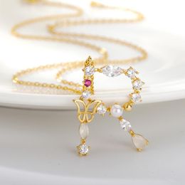 Pendant Necklaces Romantic Initial Crystal Pearl CZ Letter Butterfly For Women Colourful Gold Choker Charm Jewellery 2021