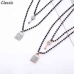 Stainless Steel Neckalce for Women Key Lock Pendant Double Layer Black Crystal Beaded Chain Choker Necklace Girls Party Jewellery