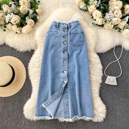 Foamlina Long Denim Skirt for Women Korean Fashion Vintage Tassels High Waist Single Breasted A-line Jeans with Pockets 210621