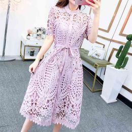 HMA Spring / Summer Runway Women's Clothings Pleated Stand Collar Short Sleeve Single Breasted Polka Dot Lace Dress 210730