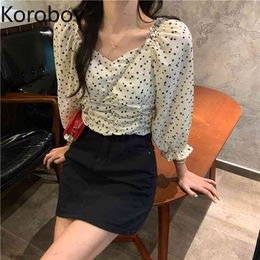 Korobov Summer New Korean Print Blouses Bohemian Slim Female Shirts Korean Flare Sleeve V Neck Crop Blusas Mujer 210430