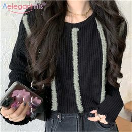 Aelegantmis Korean Fashion Women Cropped Striped Ribbed Sweater Pullover Autumn Soft Female Black Knit Short Color Block 210607